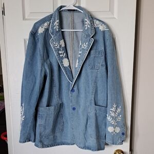 Floral Embroidered Denim Blazer